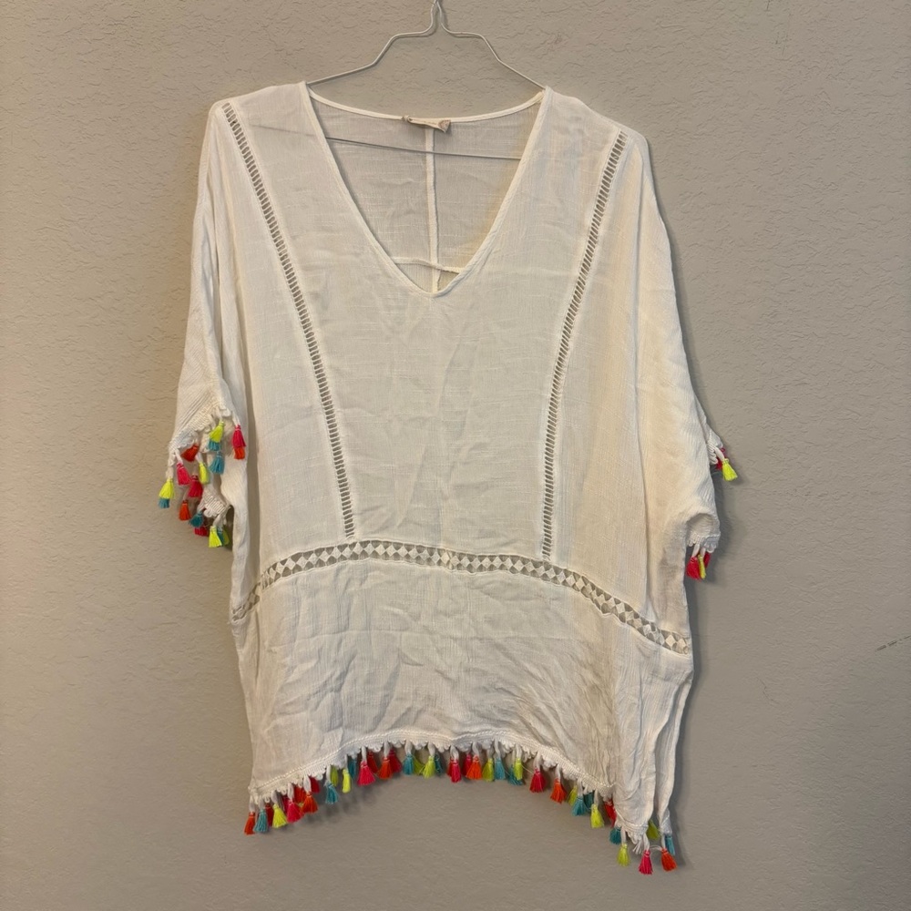 Altar'd State White Top with Colorful Tassels